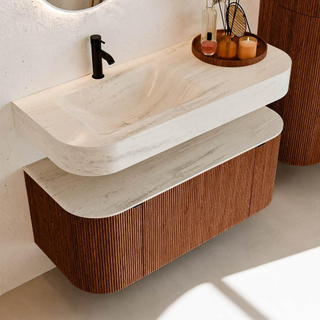 MONDIAZ THOR-DLUX 110cm meuble de salle de bains arrondi gauche + droite couleur Ruby avec 1 tiroir et 2 portes. Vasque suspendue CLOUD Gauche 1 trou de robinet couleur Meli.