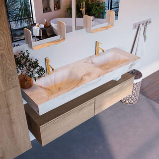 Mondiaz ALAN-DLUX Ensemble de meuble - 150cm - meuble Washed Oak mat - 2 tiroirs - Lavabo Cloud Frappe suspendu - vasque Gauche et droite - 2 trous de robinet