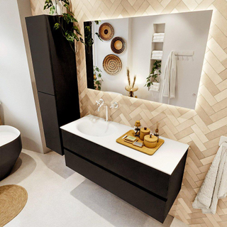 MONDIAZ VICA meuble sous lavabo 120cm Urban 2 tiroirs. Lavabo MOON gauche 1 trou de robinet, couleur Talc.