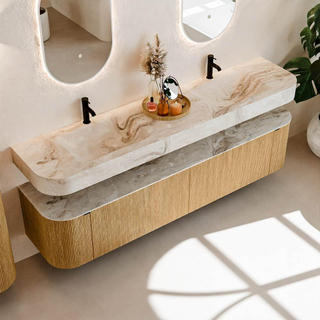 MONDIAZ THOR-DLUX 200cm meuble de salle de bains arrondi gauche + droite couleur Oak avec 2 tiroirs et 2 portes. Vasque suspendue CLOUD Double 2 trous de robinet couleur Frappe.