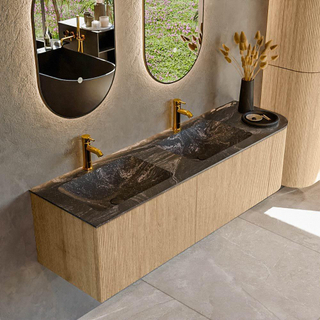 MONDIAZ KURVE-DLUX 155cm Meuble salle de bain avec module 25 D - couleur Oak - 2 tiroirs - 1 porte - vasque LEAF double / gauche - 2 trous de robinet - couleur Lava