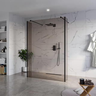 FugaFlow Eccelente Vetro Douche à l'italienne - 140x200cm - verre fumé - anticalcaire - verre de sécurité 8mm - 2 parois latérales 30cm - avec bras muraux et profilés d'angle - Noir mat