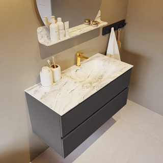 Mondiaz VICA-DLUX Ensemble de meuble de salle de bain - 100cm - meuble sous-vasque gris foncé - 2 tiroirs - lavabo encastré cloud droite - 1 trou de robinet - version haute de 60cm - glace