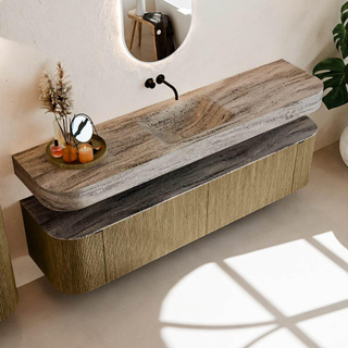 MONDIAZ THOR-DLUX 190cm badmeubel ronding links + rechts kleur Dusk met 2 lades en 2 deuren. Vrijhangende wastafel CLOUD Midden zonder kraangat kleur Oza.