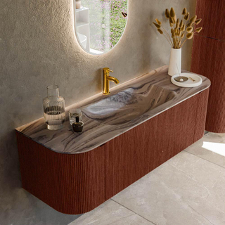 MONDIAZ KURVE-DLUX 140cm badmeubel ronding Links + Rechts kleur Ruby met 1 lade en 2 deuren. Wastafel BIG SMALL Midden 1 kraangat Sombra.