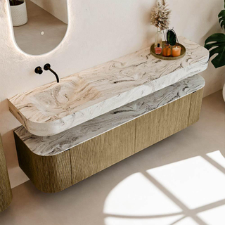 MONDIAZ THOR-DLUX 180cm meuble de salle de bains arrondi gauche + droite couleur Dusk avec 2 tiroirs et 2 portes. Vasque suspendue CLOUD Gauche sans trou de robinet couleur Glace.