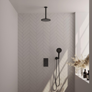 Ensemble de douche pluie encastré Brauer Black Carving - douche principale 20cm - bras plafond 20cm - 2 fonctions - comprenant partie encastrable - douchette ronde 3 positions - noir mat