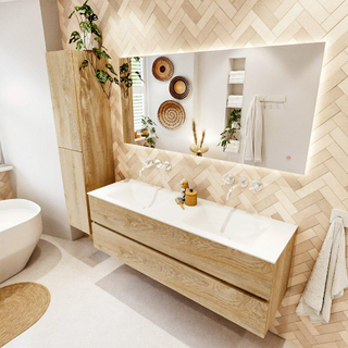 MONDIAZ VICA 150cm badmeubel onderkast Washed Oak 2 lades. Wastafel CLOUD dubbel zonder kraangat, kleur Talc.