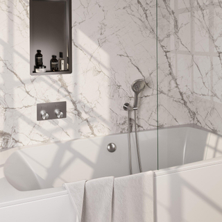 BRAUER Stripe Thermostatische Badkraan - drukknoppen - SET 04 - inbouw - badvulcombinatie - 3-standen handdouche - doucheslang - wandaansluitbocht - RVS-kleurig geborsteld PVD