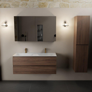 Mondiaz AIVY Ensemble de meuble - 120x45x50cm - 2 trous de robinet - 2 vasques Talc Solid surface - Gauche et droite - 2 tiroirs - avec armoire de toilette - Melamine Mocha