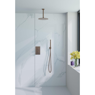 Fortifura Calvi Inbouw Regendoucheset - thermostatisch - plafondarm - 25cm hoofddouche - staaf handdouche - metalen doucheslang - geborsteld koper PVD
