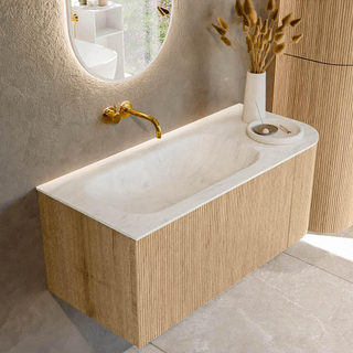 MONDIAZ KURVE-DLUX 105cm Meuble salle de bain avec module 25 D - couleur Oak - 1 tiroir - 1 porte - vasque BIG SMALL gauche - sans trou de robinet - couleur Opalo