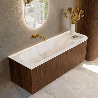 MONDIAZ KURVE-DLUX 135cm badmeubel met module 25 R kleur Walnut met 1 lade en 1 deur. Wastafel BIG MEDIUM links zonder kraangat kleur Frappe.