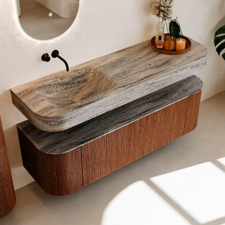 MONDIAZ THOR-DLUX 150cm meuble de salle de bains arrondi gauche + droite couleur Ruby avec 1 tiroir et 2 portes. Vasque suspendue CLOUD Gauche sans trou de robinet couleur Oza.