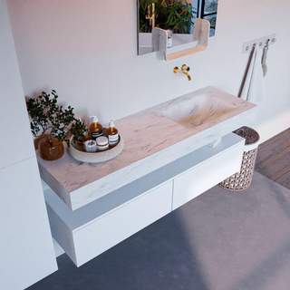 Mondiaz ALAN-DLUX Ensemble de meuble - 150cm - meuble Talc mat - 2 tiroirs - Lavabo Cloud Opalo suspendu - vasque Droite - 0 trous de robinet