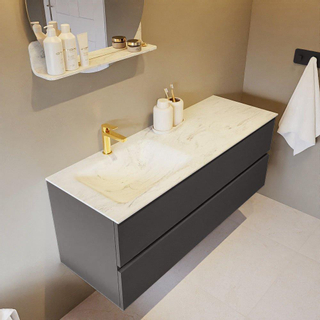 Mondiaz VICA-DLUX Ensemble de meuble de salle de bain - 130cm - meuble sous-vasque gris foncé - 2 tiroirs - lavabo encastré cloud gauche - 1 trou de robinet - version haute de 60cm - opalo