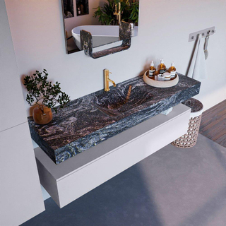 Mondiaz ALAN-DLUX Ensemble de meuble - 150cm - meuble Cale mat - 1 tiroir - Lavabo Cloud Lava suspendu - vasque Centre - 1 trou de robinet