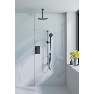 Fortifura Calvi Ensemble de douche pluie encastrable - thermostatique - bras plafond - pommeau 25cm - barre curseur - douchette ronde - flexible en métal - Noir mat