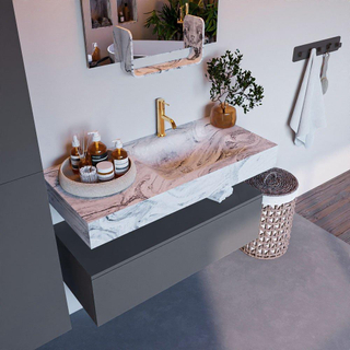 Mondiaz ALAN-DLUX Ensemble de meuble - 100cm - meuble Plata mat - 1 tiroir - Lavabo Cloud Glace suspendu - vasque Droite - 1 trou de robinet