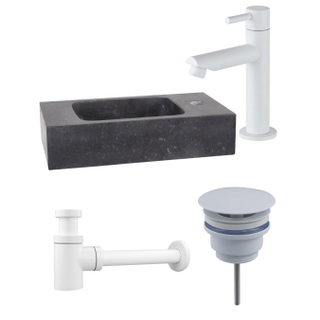 FugaFlow Eccelente Pietra fonteinset - 40x22x9cm - 1 kraangat - natuursteen - fonteinkraan wit mat - zwart