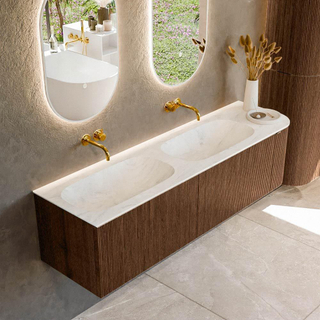 MONDIAZ KURVE-DLUX 165cm Meuble salle de bain avec module 25 D - couleur Walnut - 2 tiroirs - 1 porte - vasque STOR SMALL double / gauche - sans trou de robinet - couleur Opalo