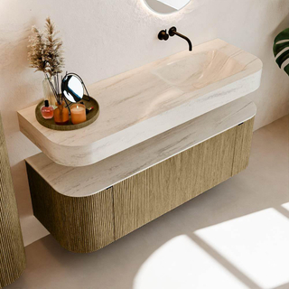 MONDIAZ THOR-DLUX 140cm meuble de salle de bains arrondi gauche + droite couleur Dusk avec 1 tiroir et 2 portes. Vasque suspendue CLOUD droite sans trou de robinet couleur Meli.