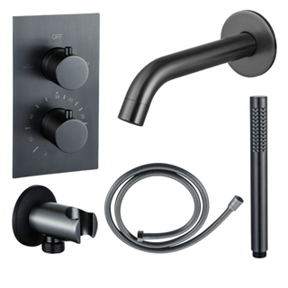 Fortifura Calvi Ensemble de robinet de baignoire - bec - 22cm réductible - flexible en métal - douchette à main - partie encastrable - support mural - gunmetal PVD brossé