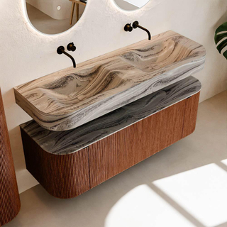 MONDIAZ THOR-DLUX 140cm meuble de salle de bains arrondi gauche + droite couleur Ruby avec 1 tiroir et 2 portes. Vasque suspendue CLOUD Double sans trou de robinet couleur Sombra.