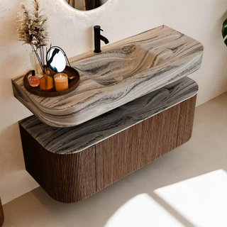 MONDIAZ THOR-DLUX 120cm badmeubel ronding links + rechts kleur Walnut met 1 lade en 2 deuren. Vrijhangende wastafel CLOUD Midden 1 kraangat kleur Sombra.