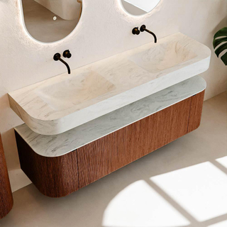 MONDIAZ THOR-DLUX 160cm meuble de salle de bains arrondi gauche + droite couleur Ruby avec 1 tiroir et 2 portes. Vasque suspendue CLOUD Double sans trou de robinet couleur Opalo.