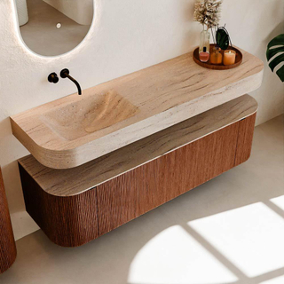 MONDIAZ THOR-DLUX 160cm meuble de salle de bains arrondi gauche + droite couleur Ruby avec 1 tiroir et 2 portes. Vasque suspendue CLOUD Gauche sans trou de robinet couleur Saba.