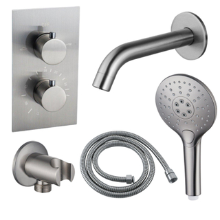 Fortifura Calvi Ensemble de robinet de baignoire - bec - 22cm réductible - flexible en métal - douchette ronde - partie encastrable - support mural - inox brossé PVD