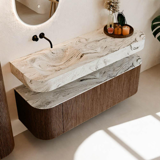 MONDIAZ THOR-DLUX 140cm badmeubel ronding links + rechts kleur Walnut met 1 lade en 2 deuren. Vrijhangende wastafel CLOUD Links zonder kraangat kleur Glace.