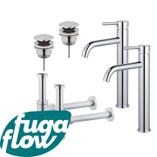 FortiFura Calvi Kit robinet lavabo - pour double vasque - robinet rehaussé - bonde clic clac - siphon design - Chrome brillant