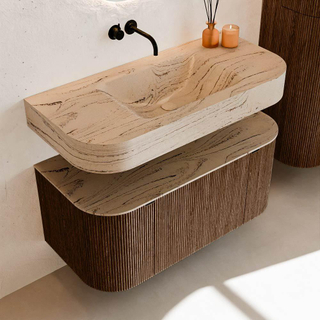 MONDIAZ THOR-DLUX 100cm meuble de salle de bains arrondi gauche + droite couleur Walnut avec 1 tiroir et 2 portes. Vasque suspendue CLOUD Centre sans trou de robinet couleur Arena.