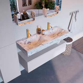 Mondiaz ALAN-DLUX Ensemble de meuble - 120cm - meuble Cale mat - 1 tiroir - Lavabo Cloud Glace suspendu - vasque Gauche et droite - 2 trous de robinet