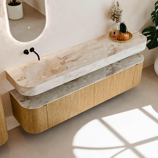 MONDIAZ THOR-DLUX 190cm meuble de salle de bains arrondi gauche + droite couleur Oak avec 2 tiroirs et 2 portes. Vasque suspendue CLOUD Gauche sans trou de robinet couleur Frappe.