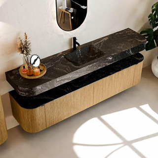 MONDIAZ THOR-DLUX Meuble de salle de bains - 200cm - arrondi gauche + droite - couleur Oak - 2 tiroirs - 2 portes - Vasque suspendue CLOUD Milieu 1 trou de robinet - couleur Lava