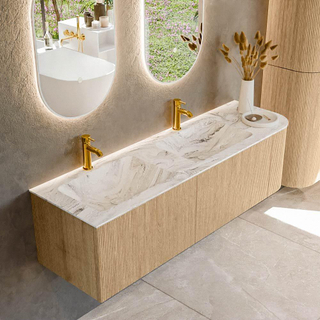 MONDIAZ KURVE-DLUX 155cm Meuble salle de bain avec module 25 D - couleur Oak - 2 tiroirs - 1 porte - vasque LEAF double / gauche - 2 trous de robinet - couleur Glace