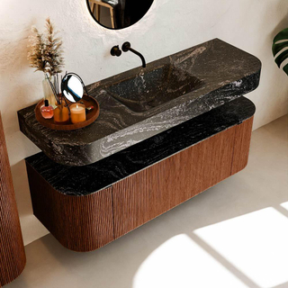 MONDIAZ THOR-DLUX Meuble de salle de bains - 140cm - arrondi gauche + droite - couleur Ruby - 1 tiroir - 2 portes - Vasque suspendue CLOUD Milieu sans trou de robinet - couleur Lava