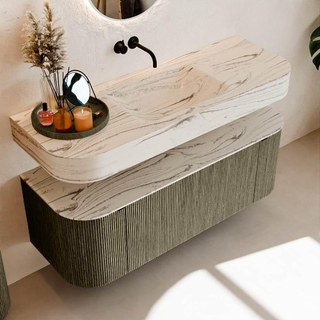 MONDIAZ THOR-DLUX 130cm meuble de salle de bains arrondi gauche + droite couleur Shadow avec 1 tiroir et 2 portes. Vasque suspendue CLOUD Milieu sans trou de robinet couleur Nata.