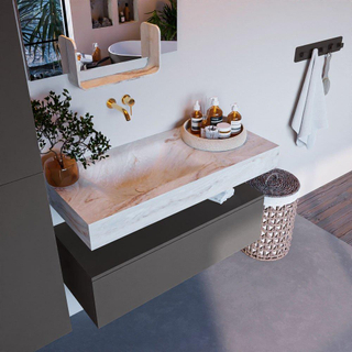 Mondiaz ALAN-DLUX Ensemble de meuble - 100cm - meuble Dark grey mat - 1 tiroir - Lavabo Cloud Frappe suspendu - vasque Gauche - 0 trous de robinet