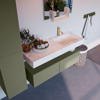 Mondiaz ALAN-DLUX Ensemble de meuble - 120cm - meuble - Army mat - 2 tiroirs - Lavabo Cloud Ostra suspendu - vasque droite - 1 trou de robinet - Beige