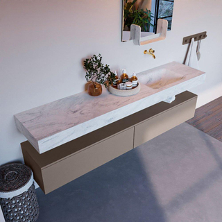 Mondiaz ALAN-DLUX Ensemble de meuble - 200cm - meuble Smoke mat - 2 tiroirs - Lavabo Cloud Opalo suspendu - vasque Droite - 0 trous de robinet