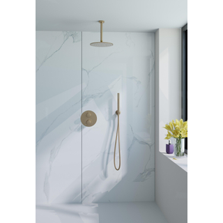 Fortifura Calvi Ensemble de douche à l'italienne - rond - thermostatique - bras plafond - douche principale de 25 cm - douchette à main - flexible lisse - Laiton brossé PVD (Or)