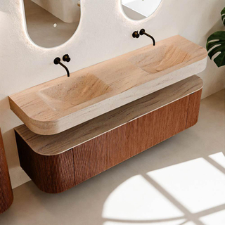 MONDIAZ THOR-DLUX 170cm meuble de salle de bains arrondi gauche + droite couleur Ruby avec 1 tiroir et 2 portes. Vasque suspendue CLOUD Double sans trou de robinet couleur Saba.