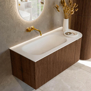 MONDIAZ KURVE 105cm Meuble salle de bain avec module 25 D - couleur Walnut - 1 tiroir - 1 porte - vasque BIG SMALL gauche - sans trous de robinet - Talc