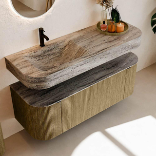 MONDIAZ THOR-DLUX 130cm meuble de salle de bains arrondi gauche + droite couleur Dusk avec 1 tiroir et 2 portes. Vasque suspendue CLOUD gauche 1 trou de robinet couleur Oza.