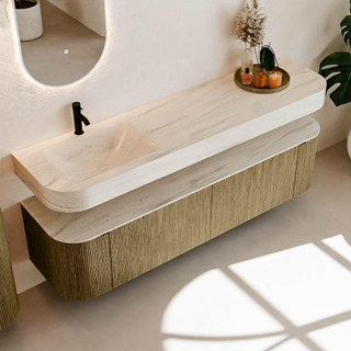 MONDIAZ THOR-DLUX 180cm meuble de salle de bains arrondi gauche + droite couleur Dusk avec 2 tiroirs et 2 portes. Vasque suspendue CLOUD Gauche 1 trou de robinet couleur Meli.