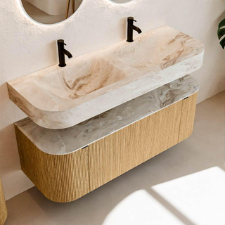 MONDIAZ THOR-DLUX 130cm meuble de salle de bains arrondi gauche + droite couleur Oak avec 1 tiroir et 2 portes. Vasque suspendue CLOUD Double 2 trous de robinet couleur Frappe.